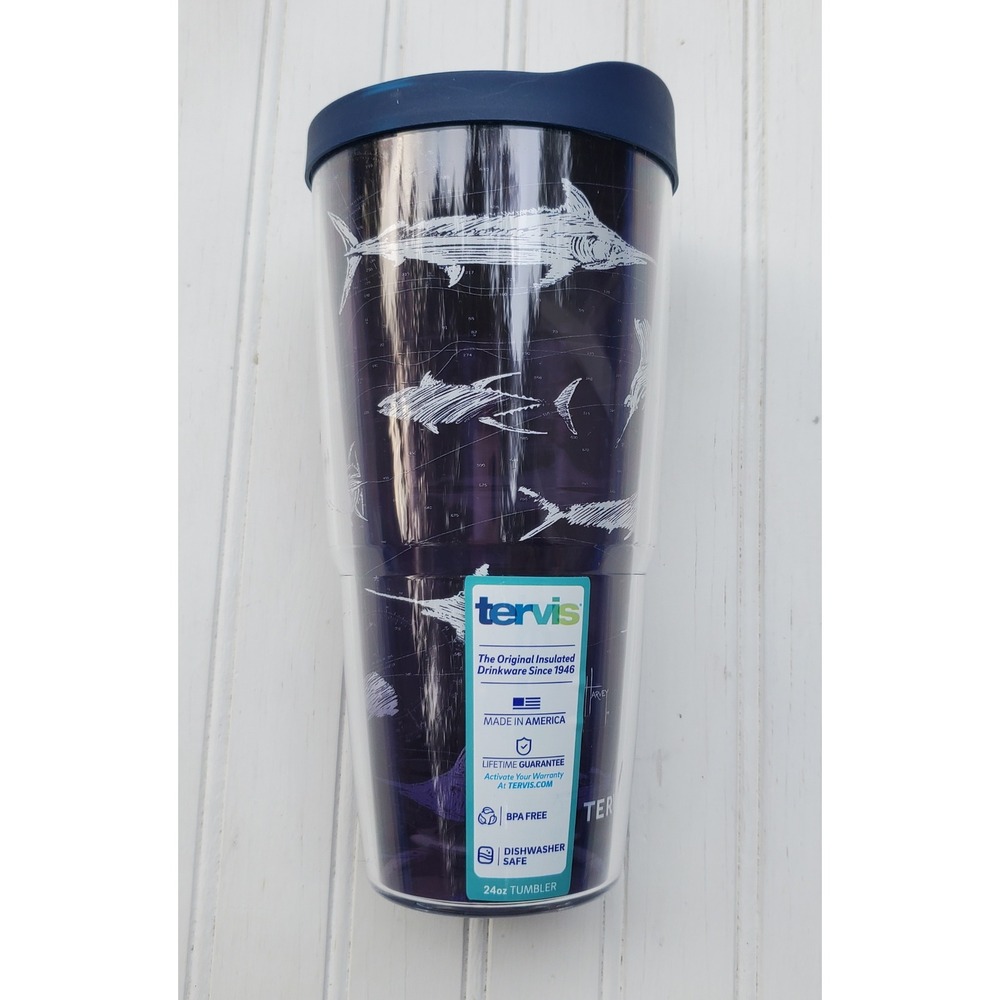 Tervis Guy Harvey Scribble 24oz Insulated Tumbler Navy Blue Fish Map with Lid